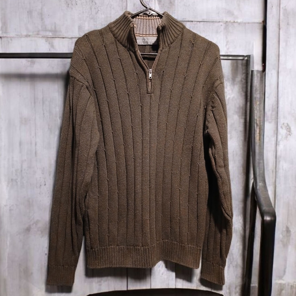 Oscar de la Renta Mens Dark Green  1/4 Zip Heavy Knit Sweater XL
